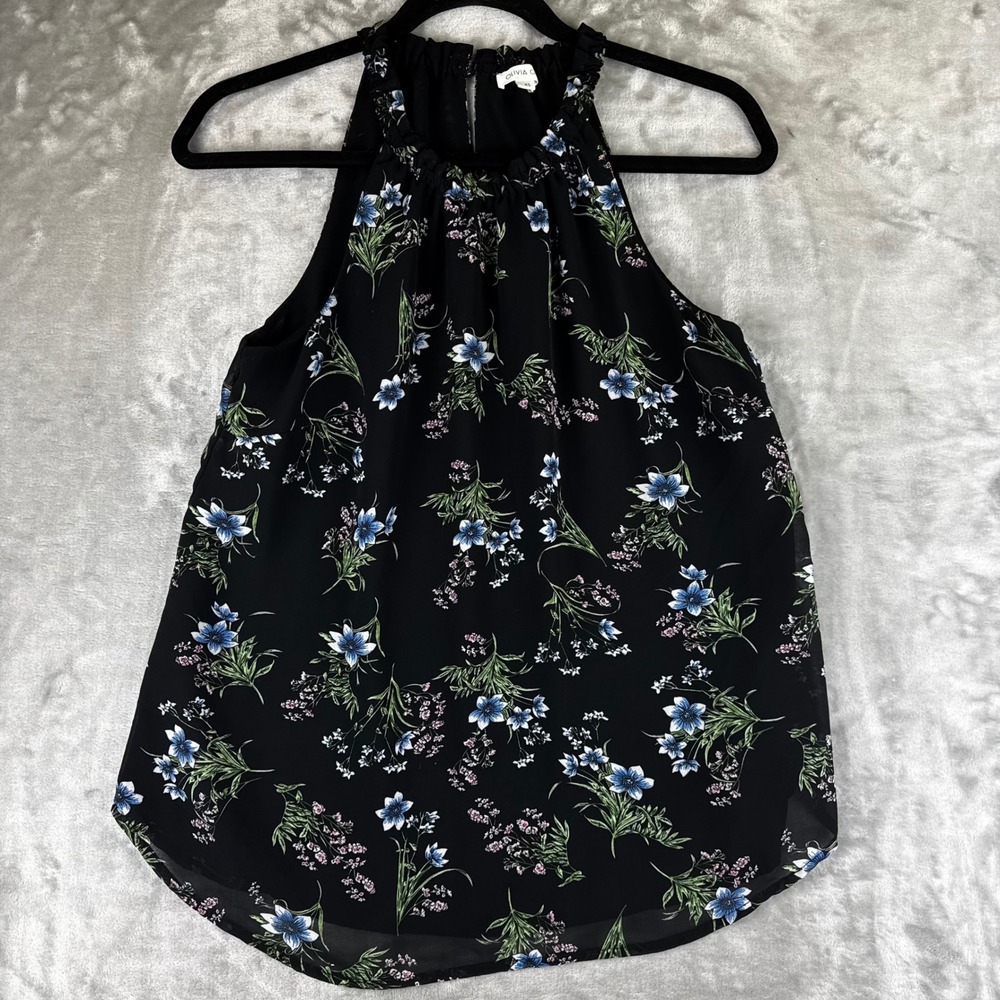 Olivia Grey Floral Halter Top Women XS Black Blue Ruffle Neck STT13594G (1576)